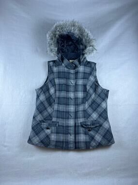 Sonoma Y2k Fur Hooded Jacket Vest Womans Large Checkered 2000's Stripped